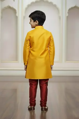 yellow faux_jute plain boys indo western dress with pajama