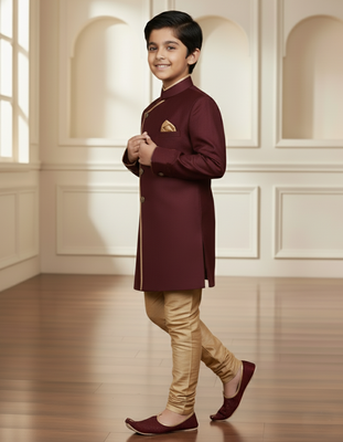 maroon faux_jute plain boys indo western dress with pajama 3