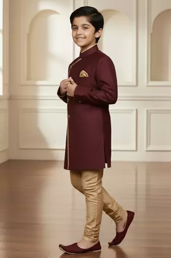 maroon faux_jute plain boys indo western dress with pajama