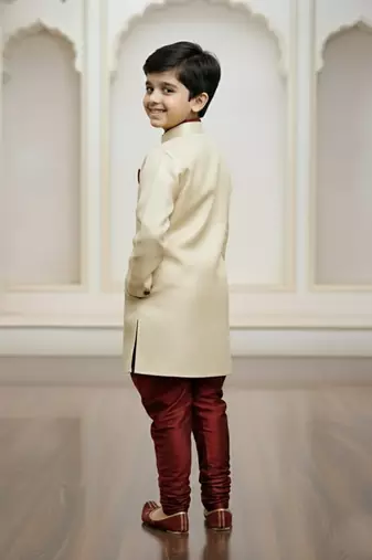 gold faux_jute plain boys indo western dress with pajama