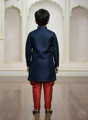 blue faux_jute plain boys indo western dress with pajama 4