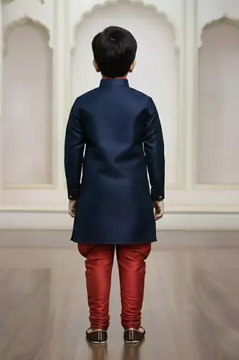blue faux_jute plain boys indo western dress with pajama