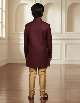 maroon faux_jute plain boys indo western dress with pajama 4