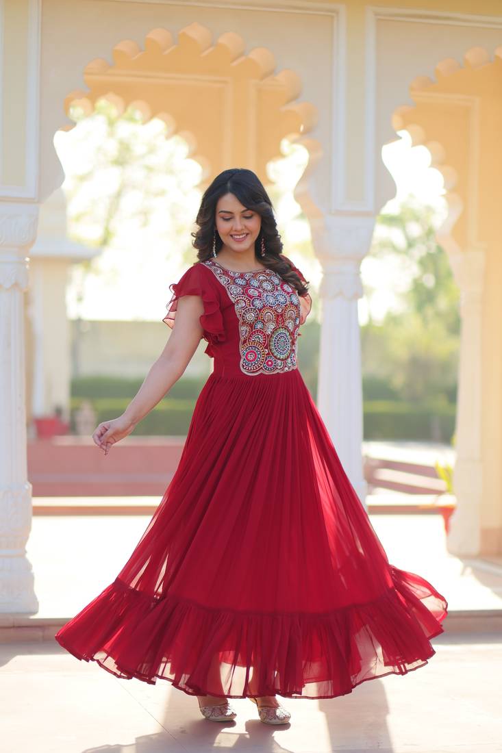 Maroon Georget  Kurti  With Beads and Sequins Embroidered work 