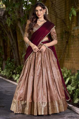 Peach Plain dupion Silk lehenga choli with dupatta