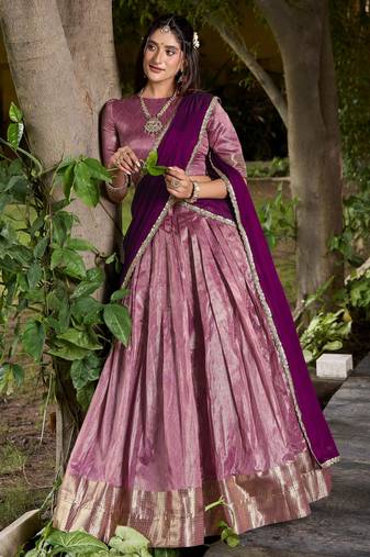 Pink Plain dupion Silk lehenga choli with dupatta