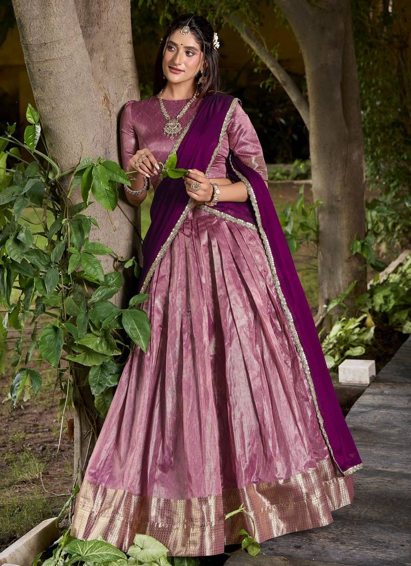 Pink Plain dupion Silk lehenga choli with dupatta