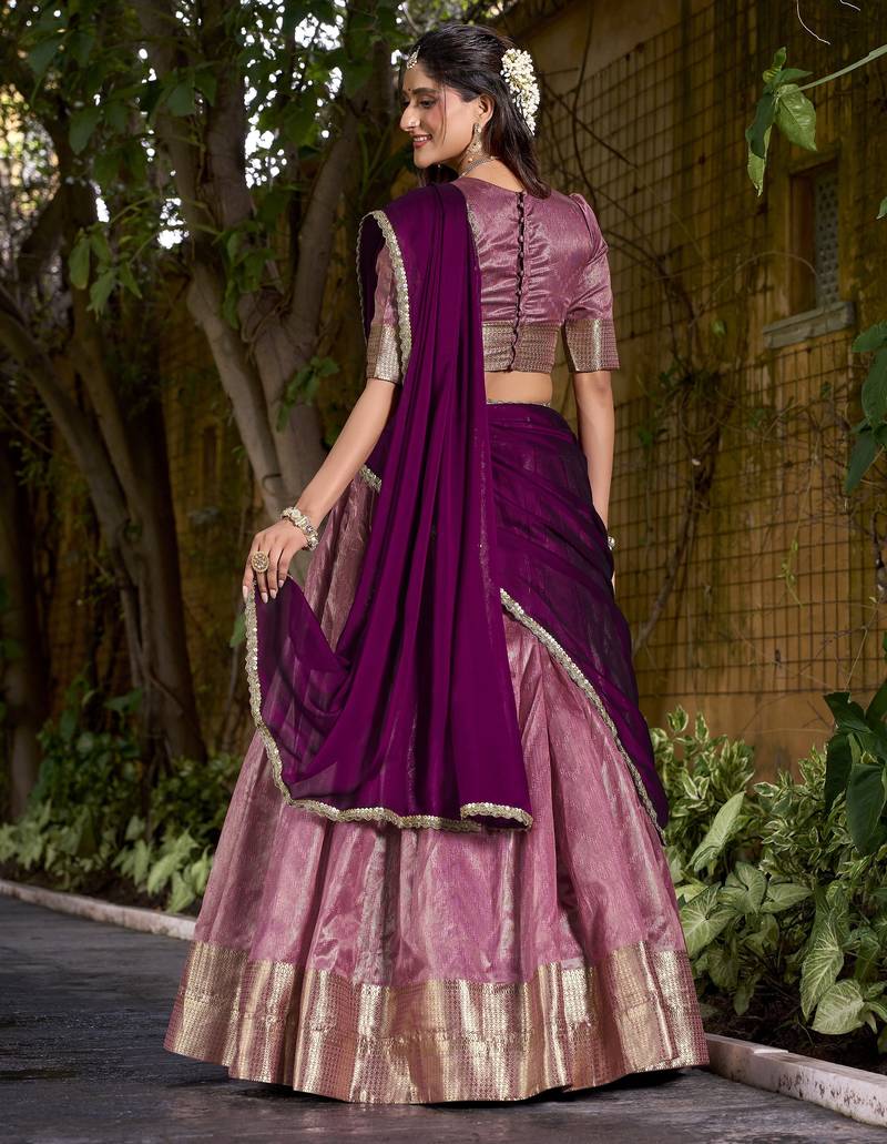 Pink Plain dupion Silk lehenga choli with dupatta
