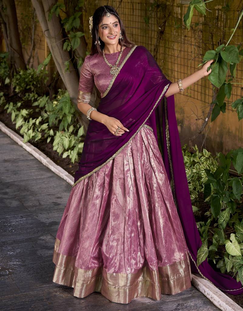 Pink Plain dupion Silk lehenga choli with dupatta