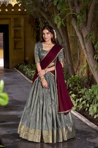 Grey festive dupion silk lehenga choli with dupatta
