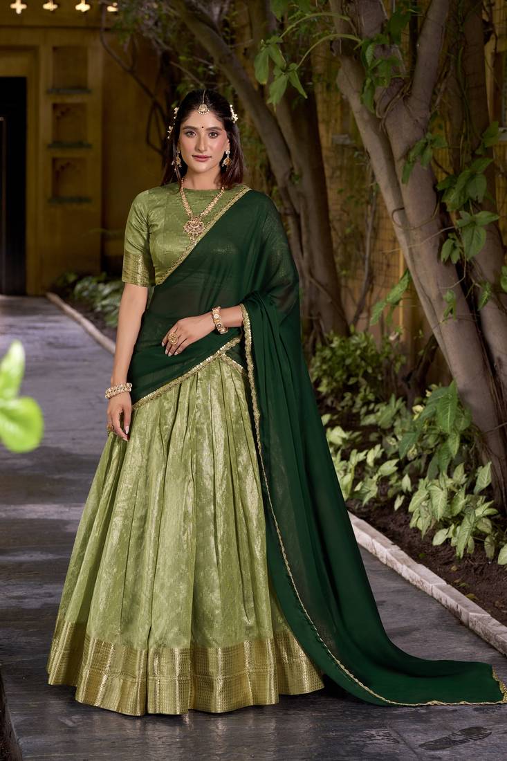 Pista plain dupion silk zari weaving lehenga choli with dupatta