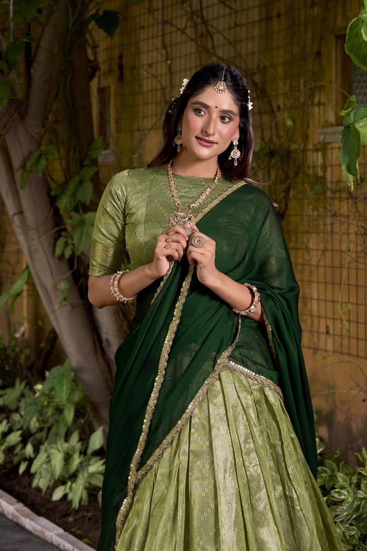 Pista plain dupion silk zari weaving lehenga choli with dupatta