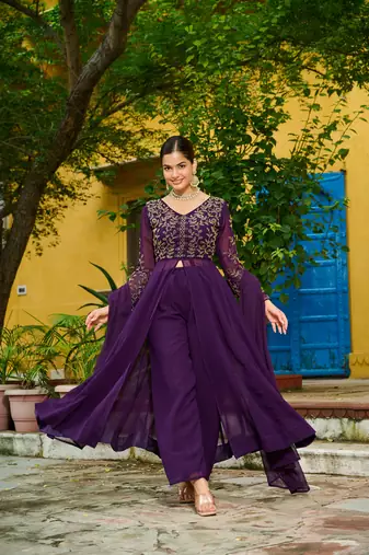 Purple Premium Readymade Kurti With Pant & Dupatta Set