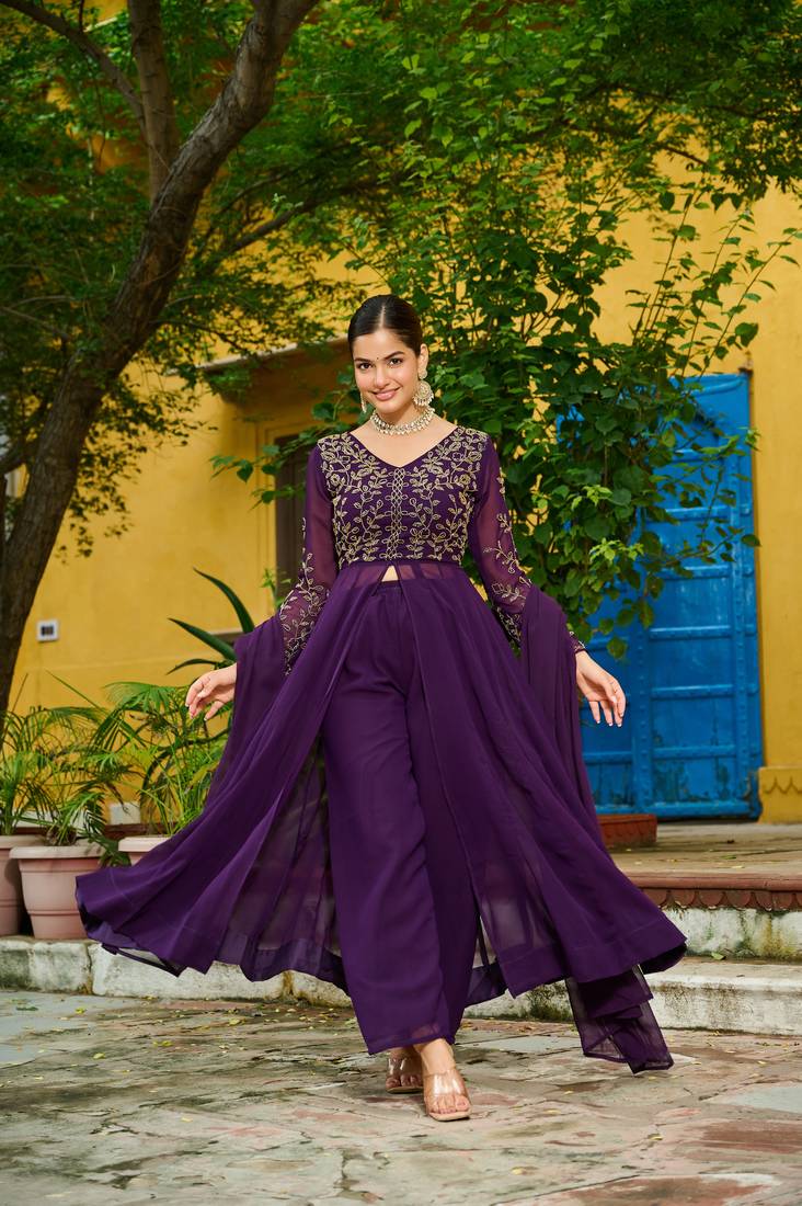 Purple Premium Readymade Kurti With Pant & Dupatta Set