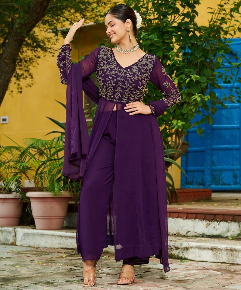 Purple Premium Readymade Kurti With Pant & Dupatta Set
