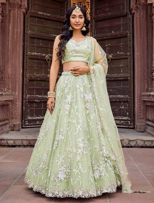 Lime green Net Sequins embroidered Lehenga Choli With Dupatta 1