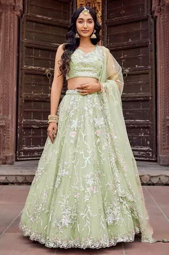 Limegreen Net Fabric Sequins embroidery Semi Stitched Lehenga & Unstitched Blouse With Dupatta