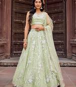 Limegreen Net Fabric Sequins embroidery Semi Stitched Lehenga & Unstitched Blouse With Dupatta