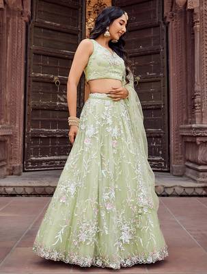 Lime green Net Sequins embroidered Lehenga Choli With Dupatta 2