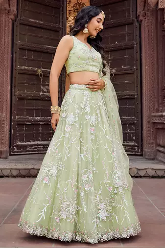 Lime green Net Sequins embroidered Lehenga Choli With Dupatta