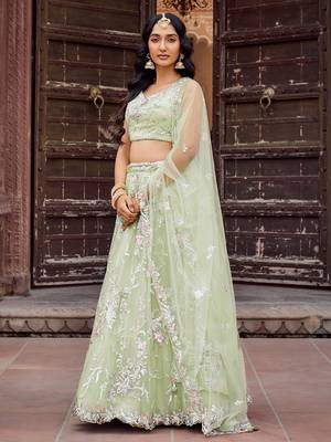 Lime green Net Sequins embroidered Lehenga Choli With Dupatta 3