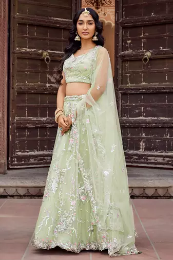 Lime green Net Sequins embroidered Lehenga Choli With Dupatta