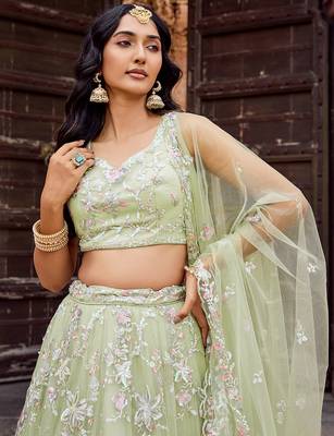 Lime green Net Sequins embroidered Lehenga Choli With Dupatta 4