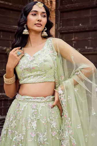 Lime green Net Sequins embroidered Lehenga Choli With Dupatta