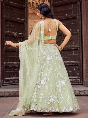 Lime green Net Sequins embroidered Lehenga Choli With Dupatta 5