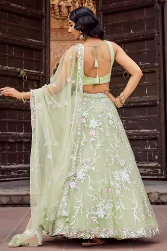 Lime green Net Sequins embroidered Lehenga Choli With Dupatta