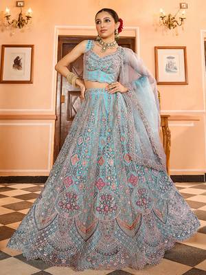 Turquoise blue Net Fabric Sequins embroidery Semi Stitched Lehenga & Unstitched Blouse With Dupatta 1