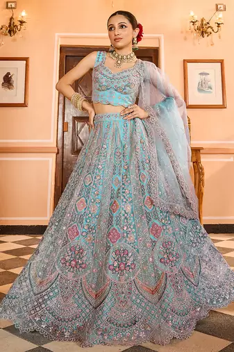Turquoise blue Net Fabric Sequins embroidery Semi Stitched Lehenga & Unstitched Blouse With Dupatta