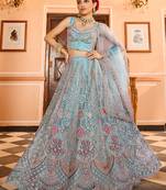 Turquoise blue Net Fabric Sequins embroidery Semi Stitched Lehenga & Unstitched Blouse With Dupatta