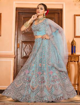 Turquoise blue Net Fabric Sequins embroidery Semi Stitched Lehenga & Unstitched Blouse With Dupatta 2