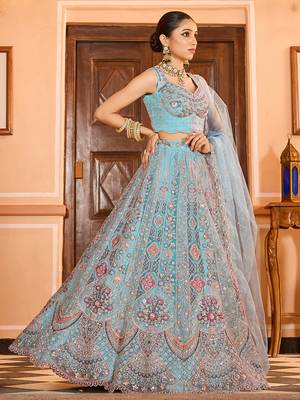 Turquoise blue Net Fabric Sequins embroidery Semi Stitched Lehenga & Unstitched Blouse With Dupatta 3