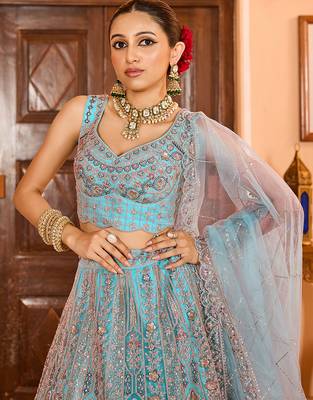 Turquoise blue Net Fabric Sequins embroidery Semi Stitched Lehenga & Unstitched Blouse With Dupatta 4