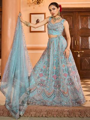 Turquoise blue Net Fabric Sequins embroidery Semi Stitched Lehenga & Unstitched Blouse With Dupatta 5