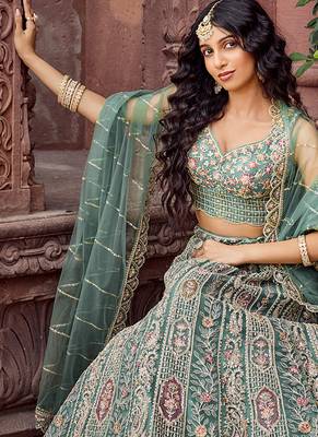 Limegreen Net Fabric Sequins embroidery Semi Stitched Lehenga & Unstitched Blouse With Dupatta 2
