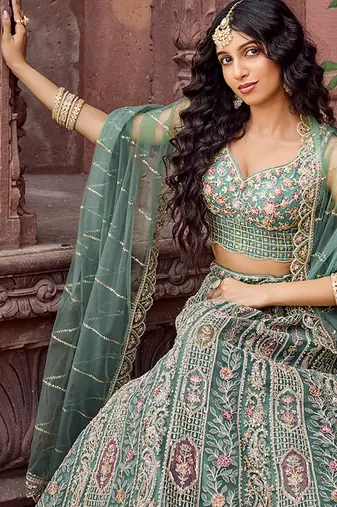 Limegreen Net Fabric Sequins embroidery Semi Stitched Lehenga & Unstitched Blouse With Dupatta