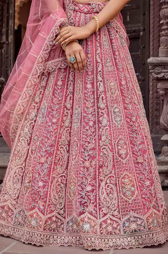 Rosegold Net Fabric Sequins embroidery Semi Stitched Lehenga & Unstitched Blouse With Dupatta