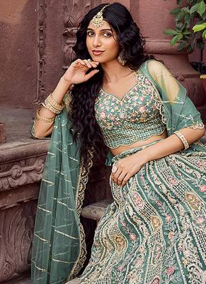 Limegreen Net Fabric Sequins embroidery Semi Stitched Lehenga & Unstitched Blouse With Dupatta 3