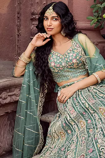 Limegreen Net Fabric Sequins embroidery Semi Stitched Lehenga & Unstitched Blouse With Dupatta