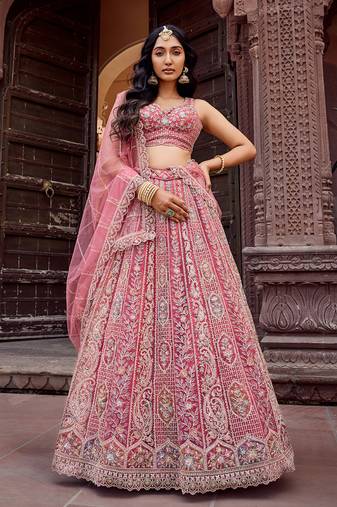 Rosegold Net Fabric Sequins embroidery Semi Stitched Lehenga & Unstitched Blouse With Dupatta