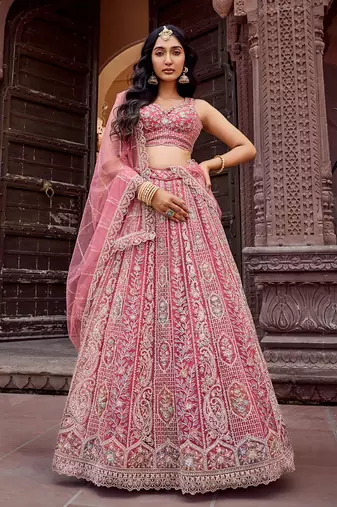 Rosegold Net Fabric Sequins embroidery Semi Stitched Lehenga & Unstitched Blouse With Dupatta