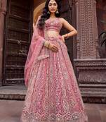Rosegold Net Fabric Sequins embroidery Semi Stitched Lehenga & Unstitched Blouse With Dupatta