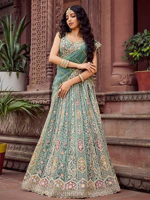 Limegreen Net Fabric Sequins embroidery Semi Stitched Lehenga & Unstitched Blouse With Dupatta 1