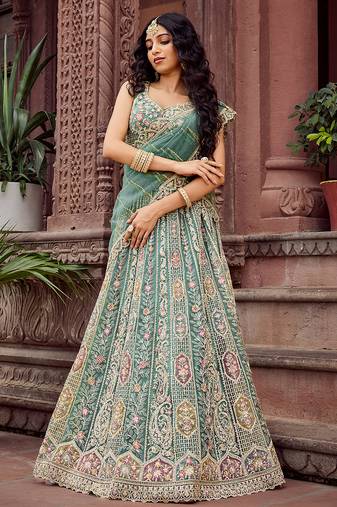 Limegreen Net Fabric Sequins embroidery Semi Stitched Lehenga & Unstitched Blouse With Dupatta