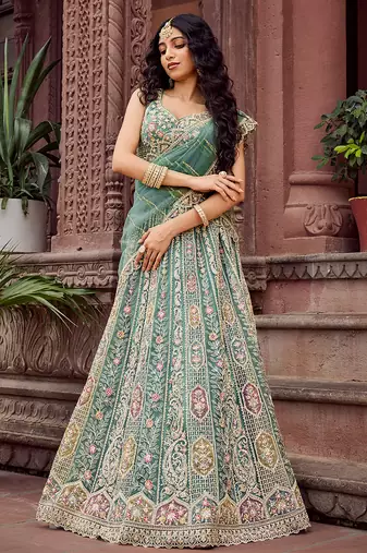 Limegreen Net Fabric Sequins embroidery Semi Stitched Lehenga & Unstitched Blouse With Dupatta