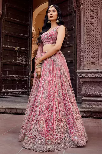 Rosegold Net Fabric Sequins embroidery Semi Stitched Lehenga & Unstitched Blouse With Dupatta