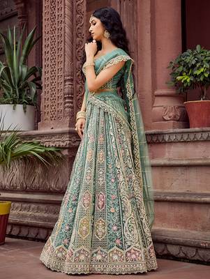 Limegreen Net Fabric Sequins embroidery Semi Stitched Lehenga & Unstitched Blouse With Dupatta 4